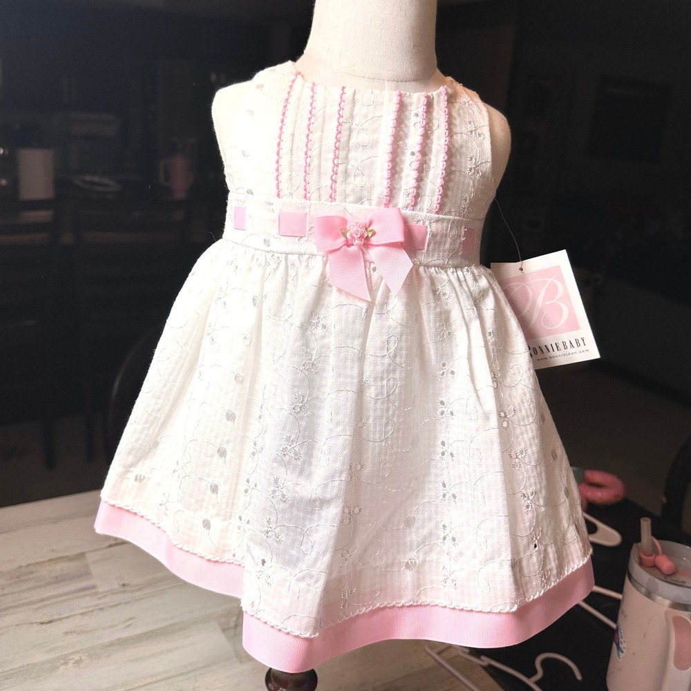 Bonnie Baby Embroidered Dress Kids 12M White Pink NEW Floral Ribbon R57443-PV - Picture 3 of 7